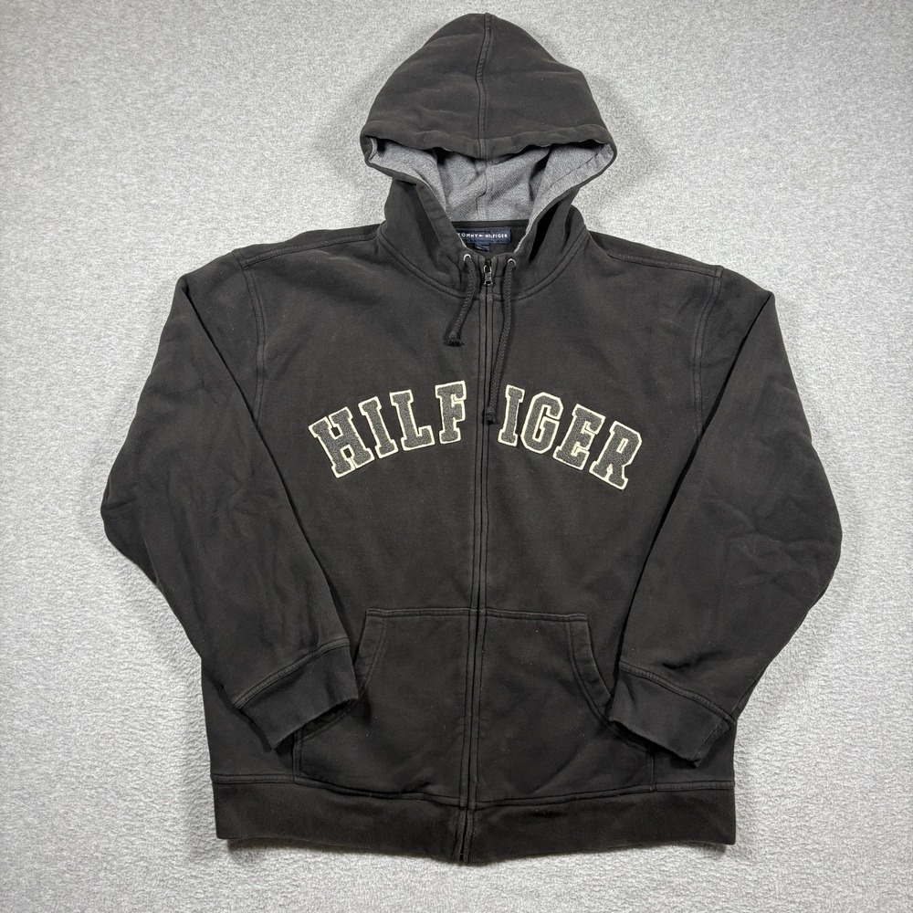 Vtg Tommy Hilfiger Spellout Zip Up Hoodie Mens L Black Y2K Big Logo Sweatshirt